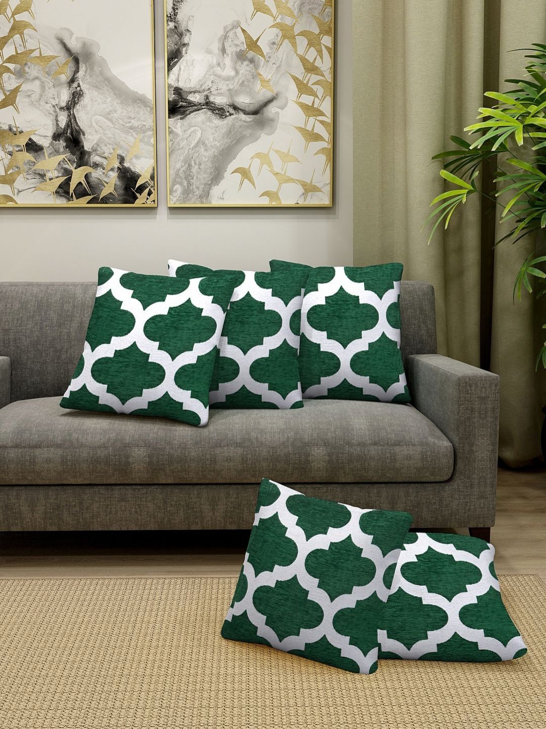 Myntra Elegant Homes Green & White Set of 5 Square Cushion Covers-image-36