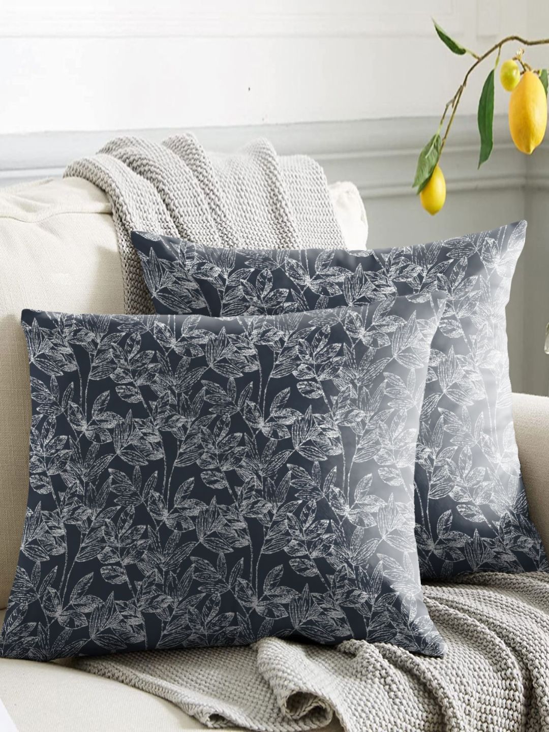 Aura Grey & White Set of 2 Floral Square Cushion Covers-image-45