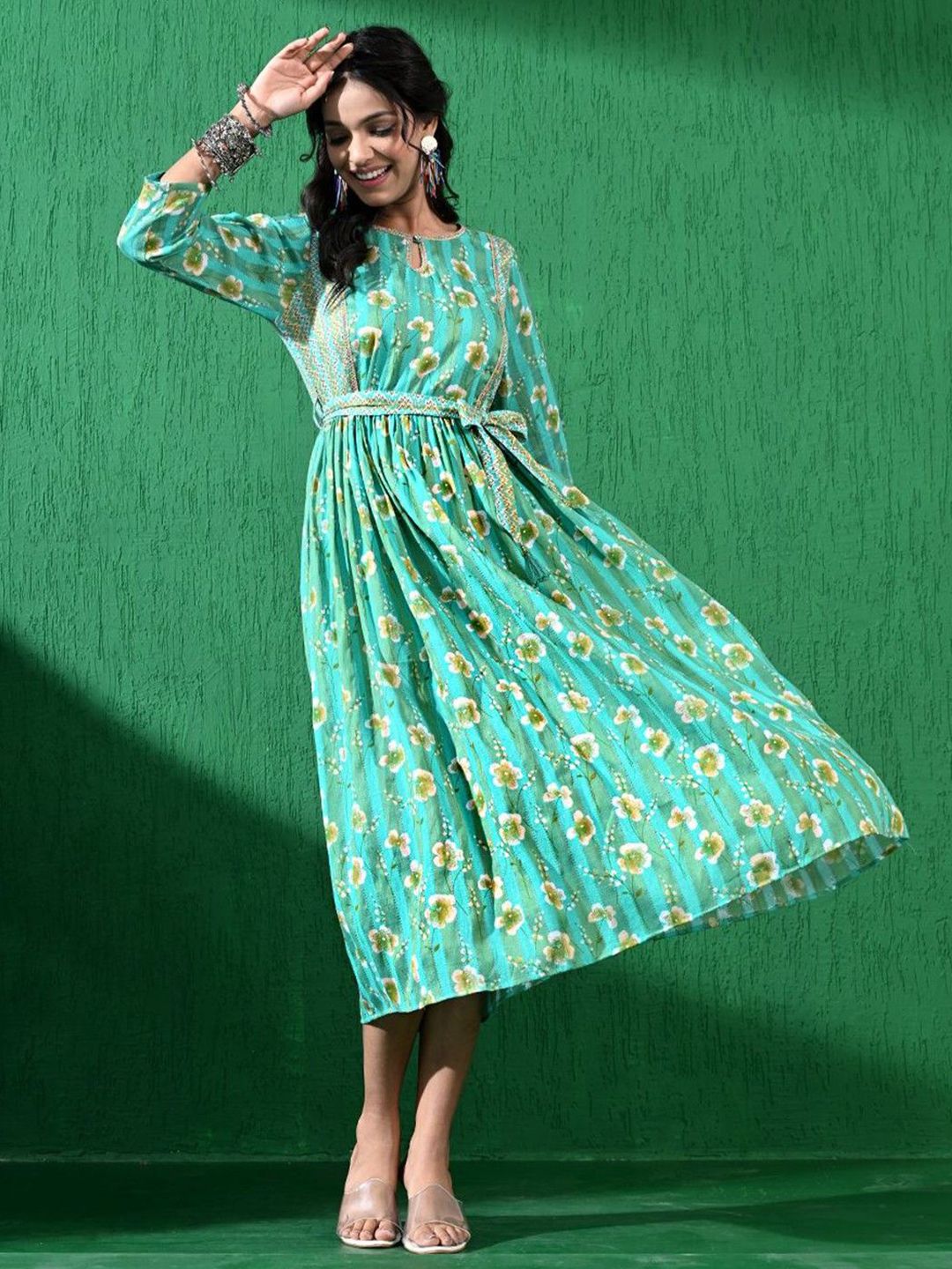 all about you Women Floral Print Belted Fit & Flare Dress