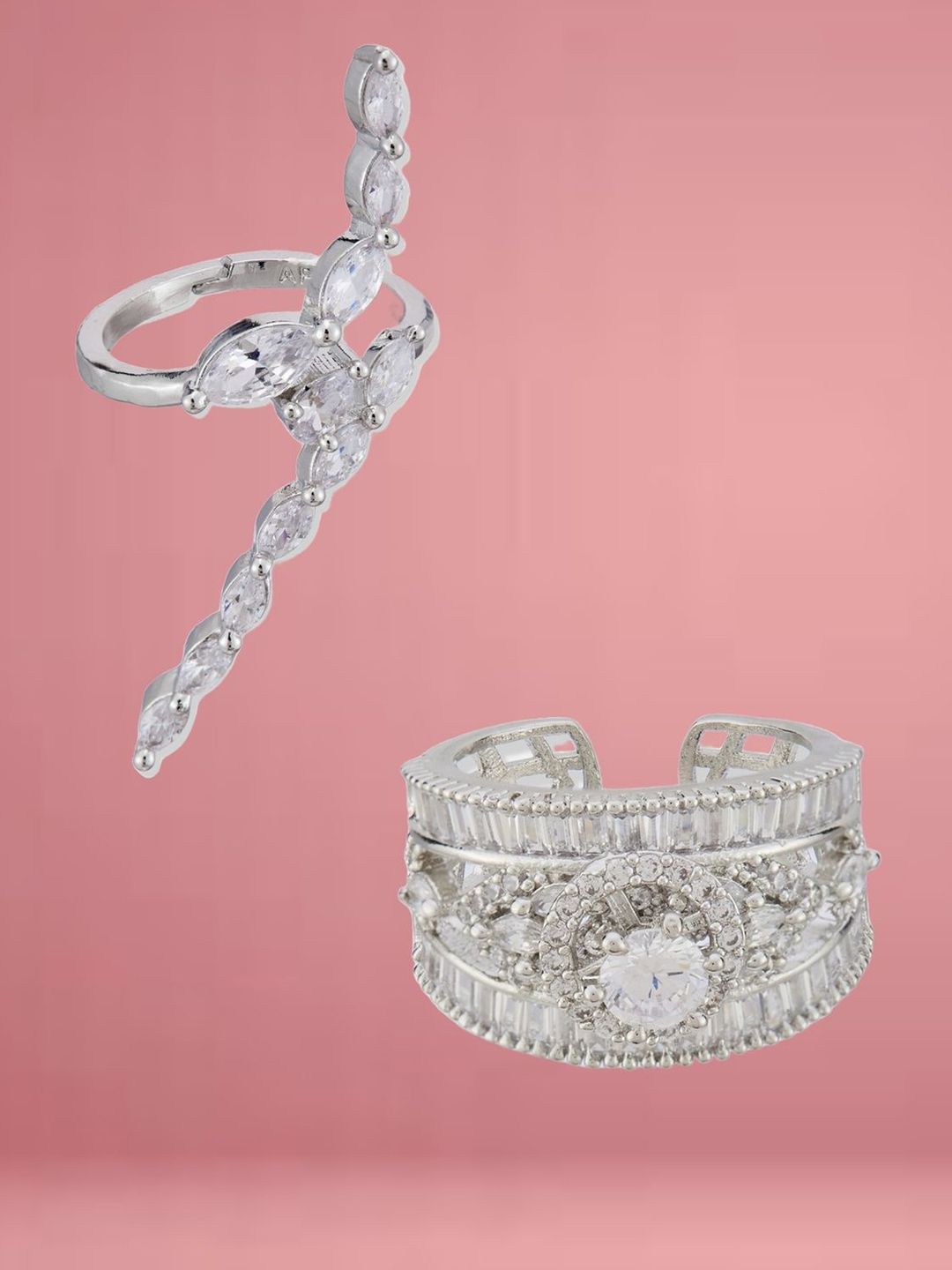 ATIBELLE Set Of 2 Silver-Plated Cubic Zirconia-Studded Adjustable Finger Ring