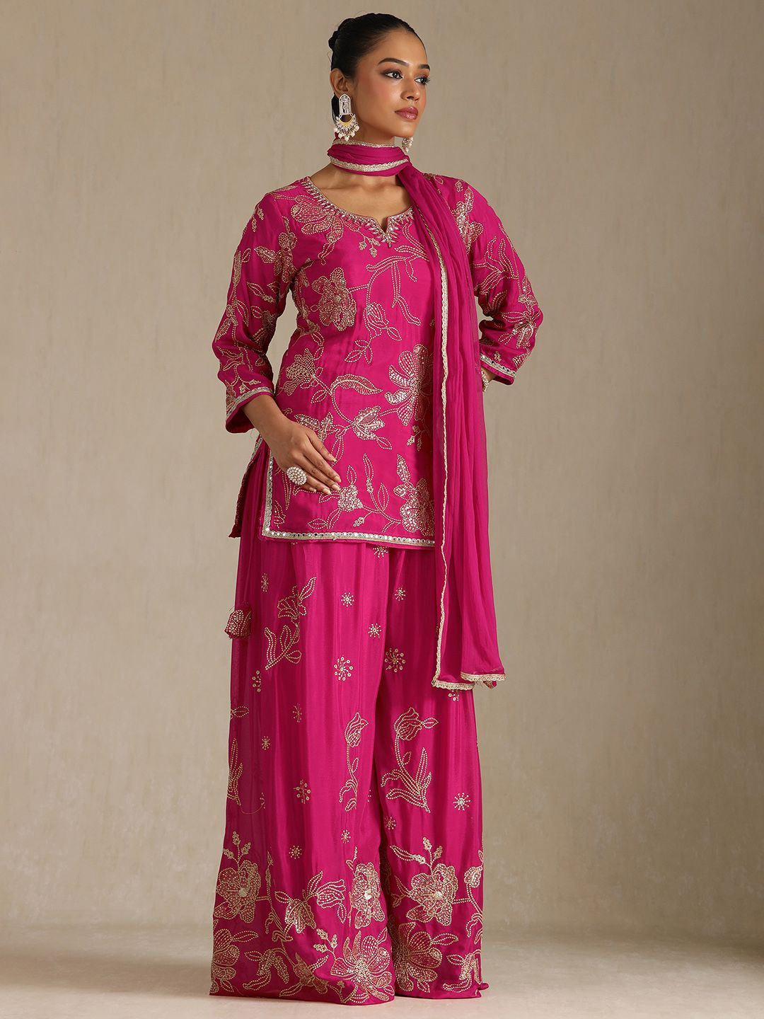 Women Floral Embroidered Pleated Thread Work Kurta with Palazzos & With Dupatta