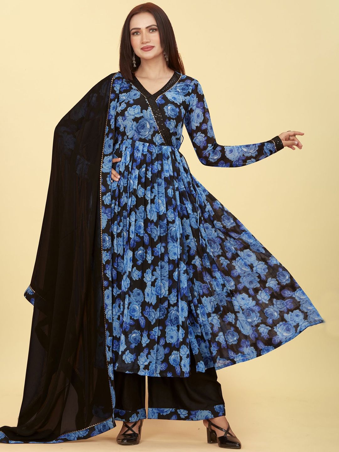 Chandbaali Women Floral Printed Angrakha Anarkali Kurta with Palazzos & With Dupatta