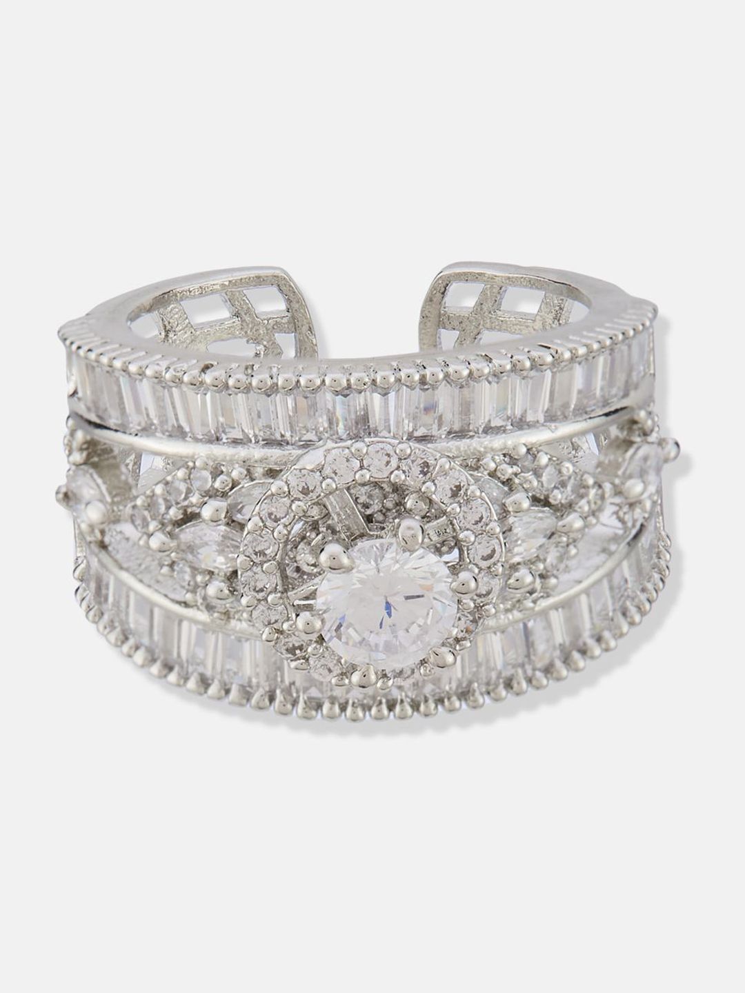 ATIBELLE Set Of 2 Silver-Plated Cubic Zirconia-Studded Adjustable Finger Ring
