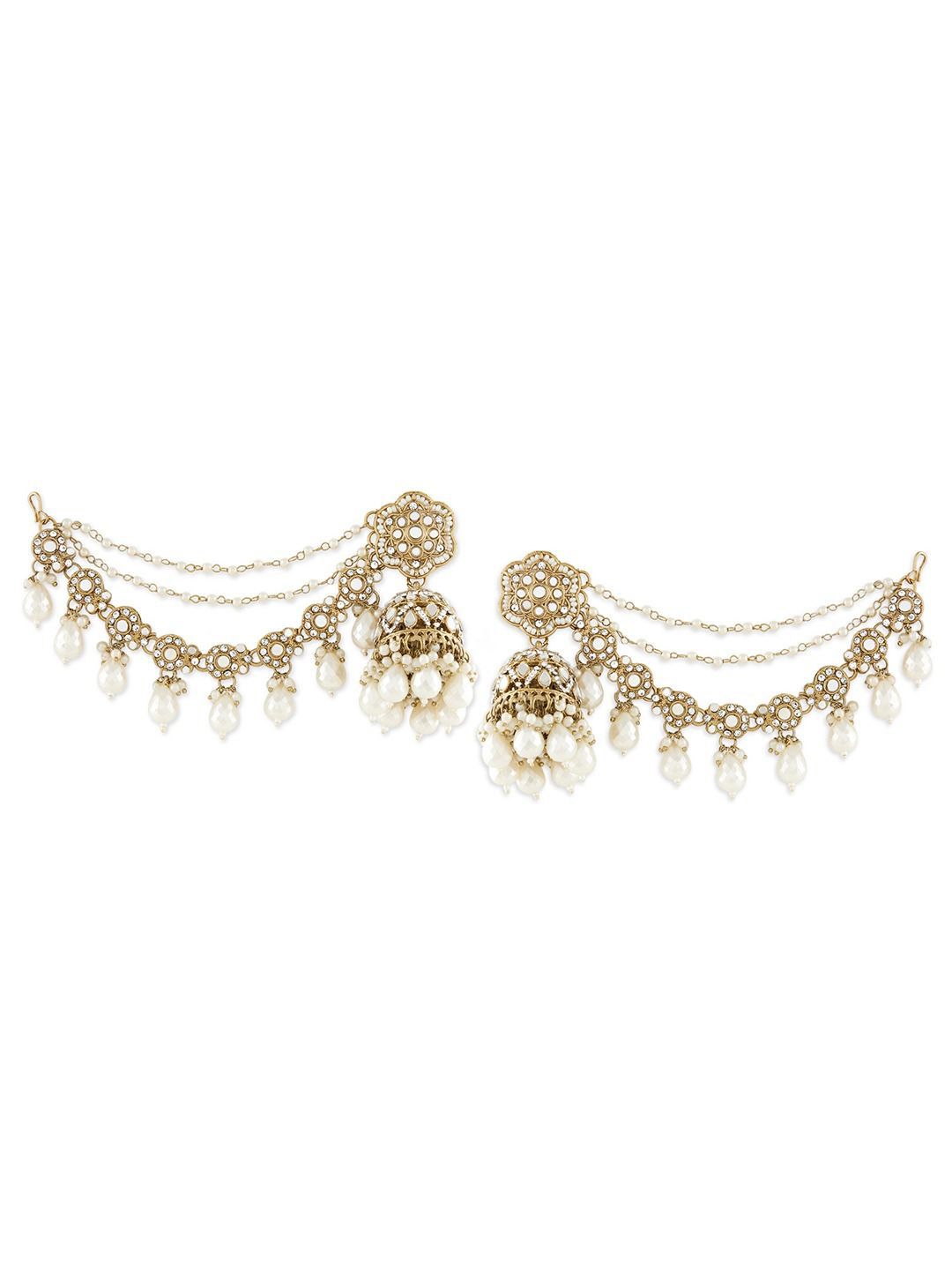 Zaveri Pearls Gold-Plated Stones Studded & Beaded Dome Shaped Jhumkas With Chain-picture-35