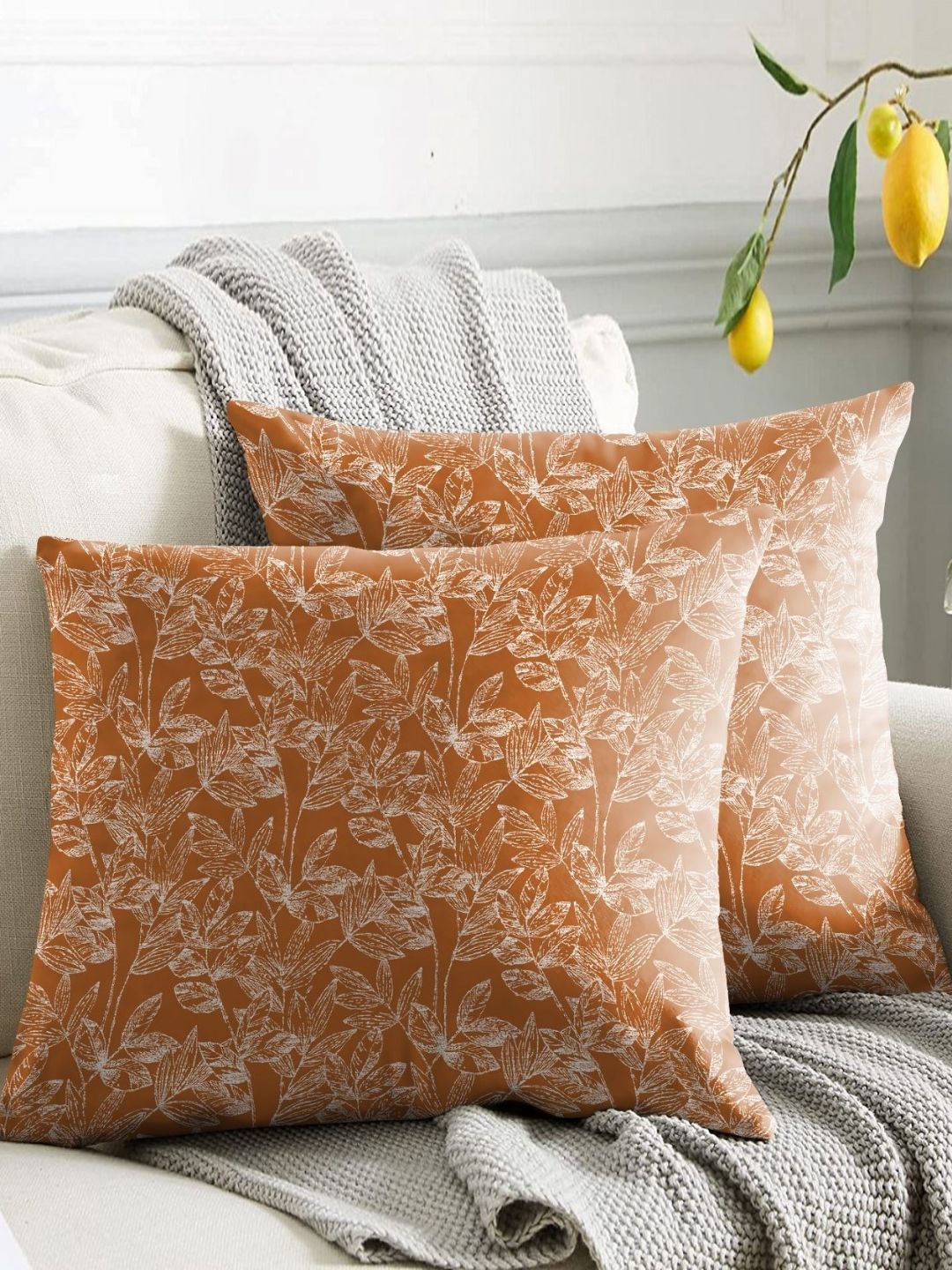 Aura Orange & White 2 Pieces Floral Printed Square Cushion Covers-picture-31