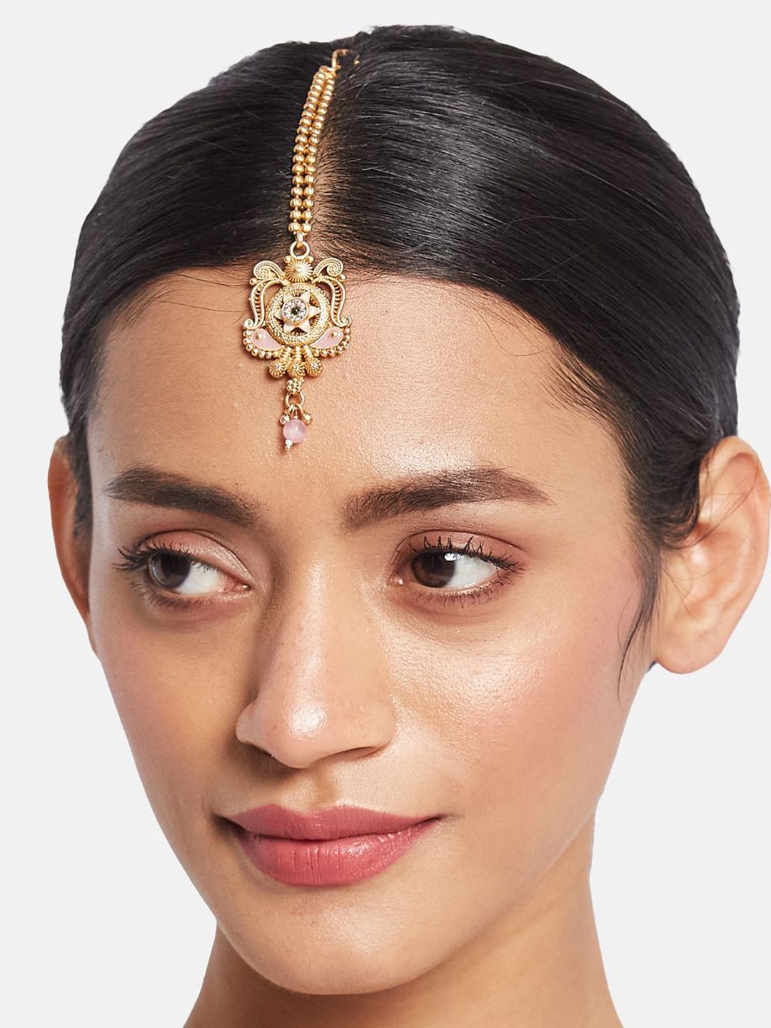 ATIBELLE Gold-Plated Artificial Stones and Beads Studded Maang Tikka Head Jewellery