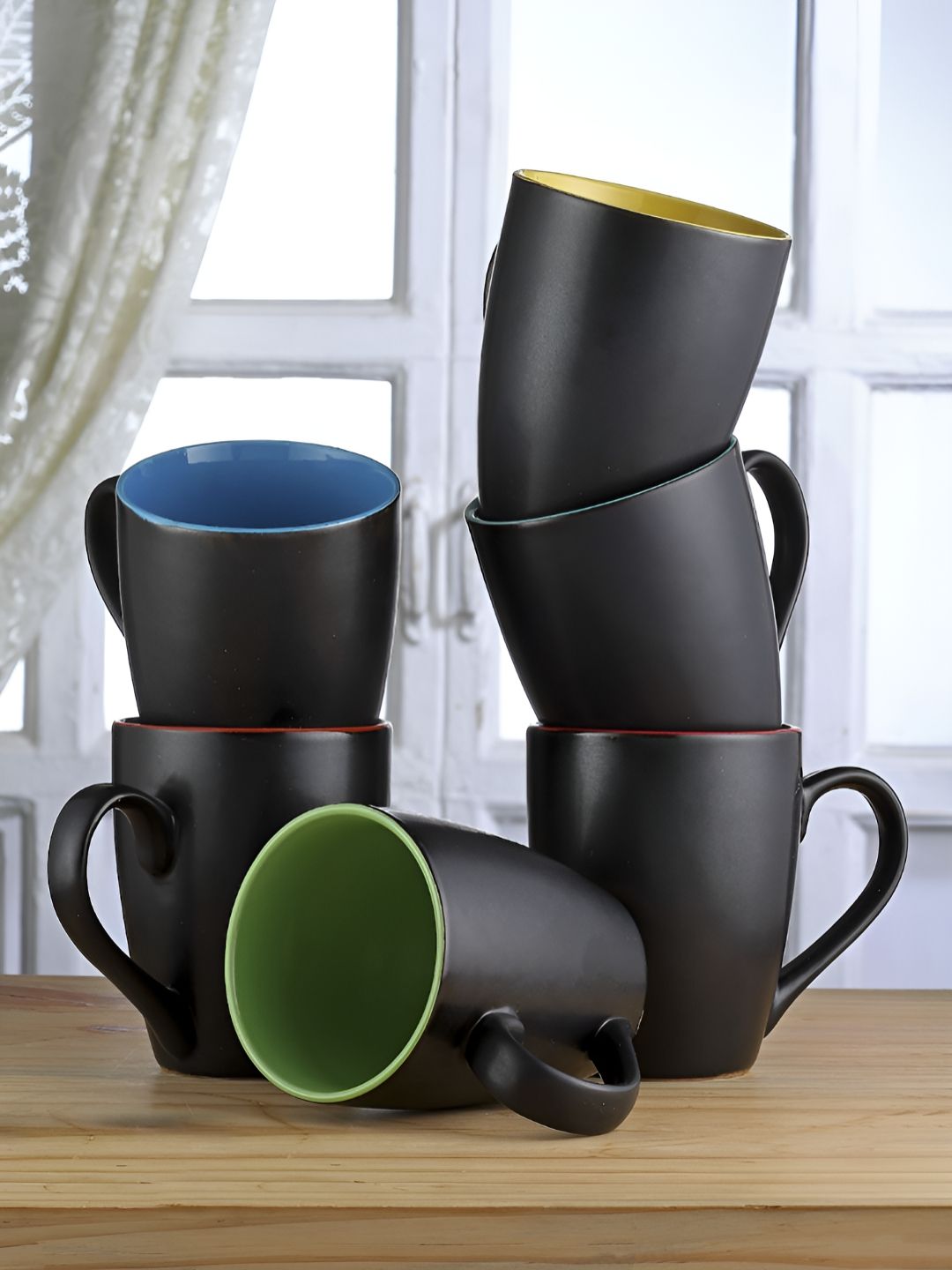 Myntra Elegant Homes Black & Green 6 Pieces Ceramic Matte Mugs-picture-16