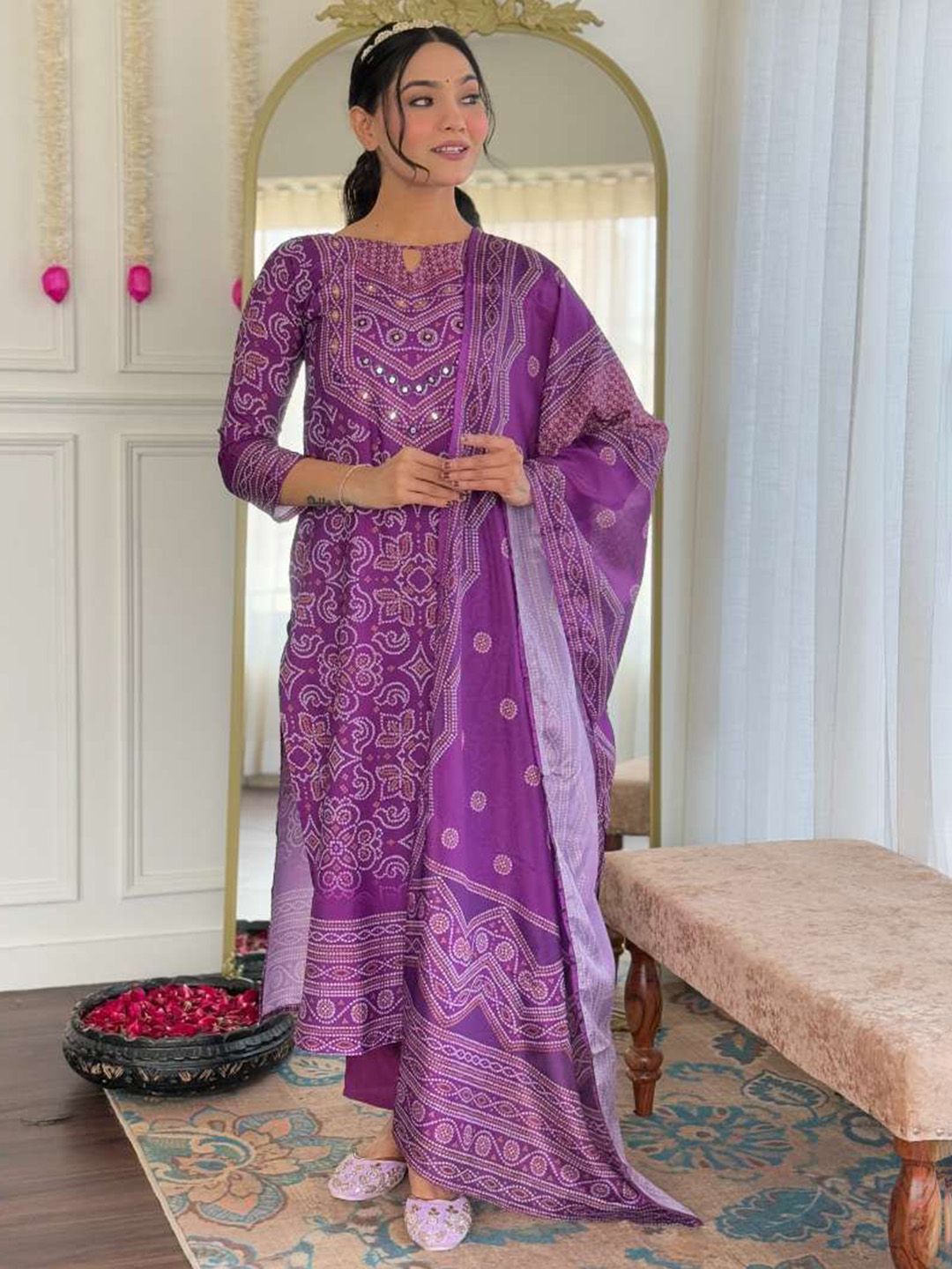 DEVATITHI Women Bandhani Printed Cotton Kurta with Trousers & Dupatta