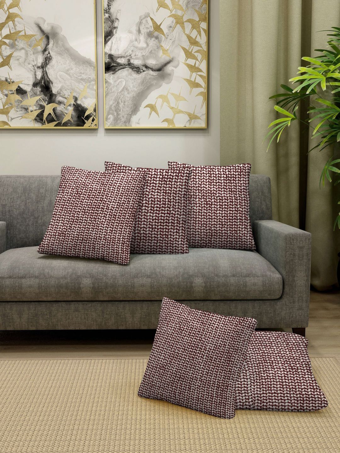 Myntra Elegant Homes Maroon & White Set of 5 Square Cushion Covers-image-10