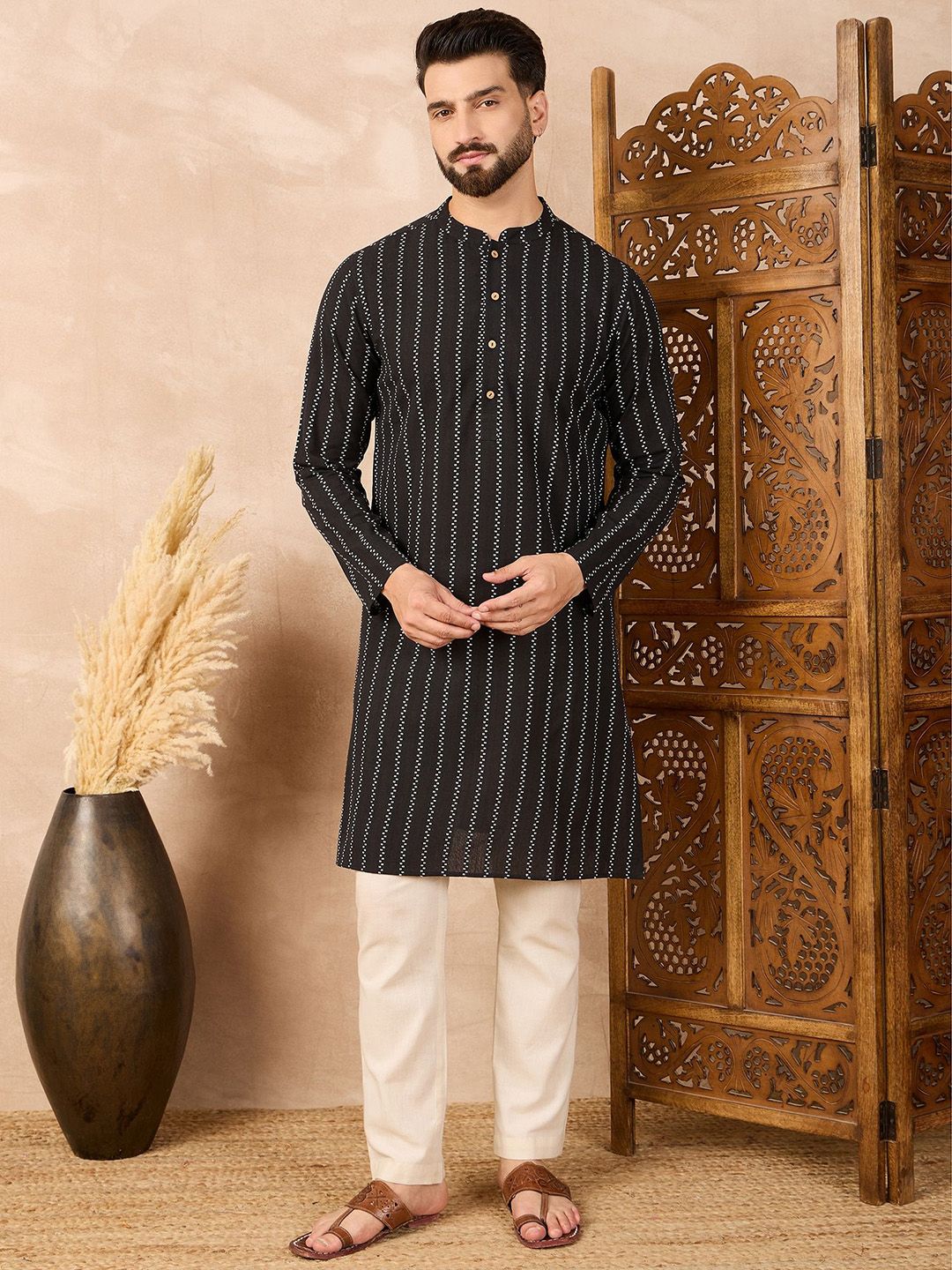 House of Pataudi Men Striped Festive Cotton Straight Kurta-picture-36
