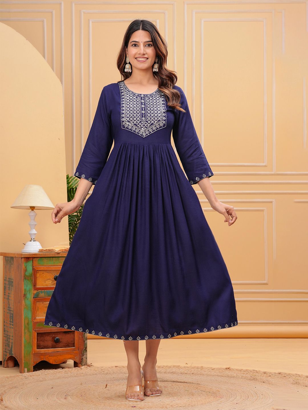 HERE&NOW Floral Yoke Design Round Neck A-Line Ethnic Dress-picture-18