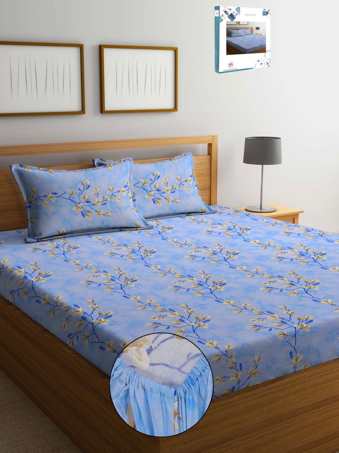 Myntra Elegant Homes Blue & Brown Floral 400 TC King Bedsheet with 2 Pillow Covers