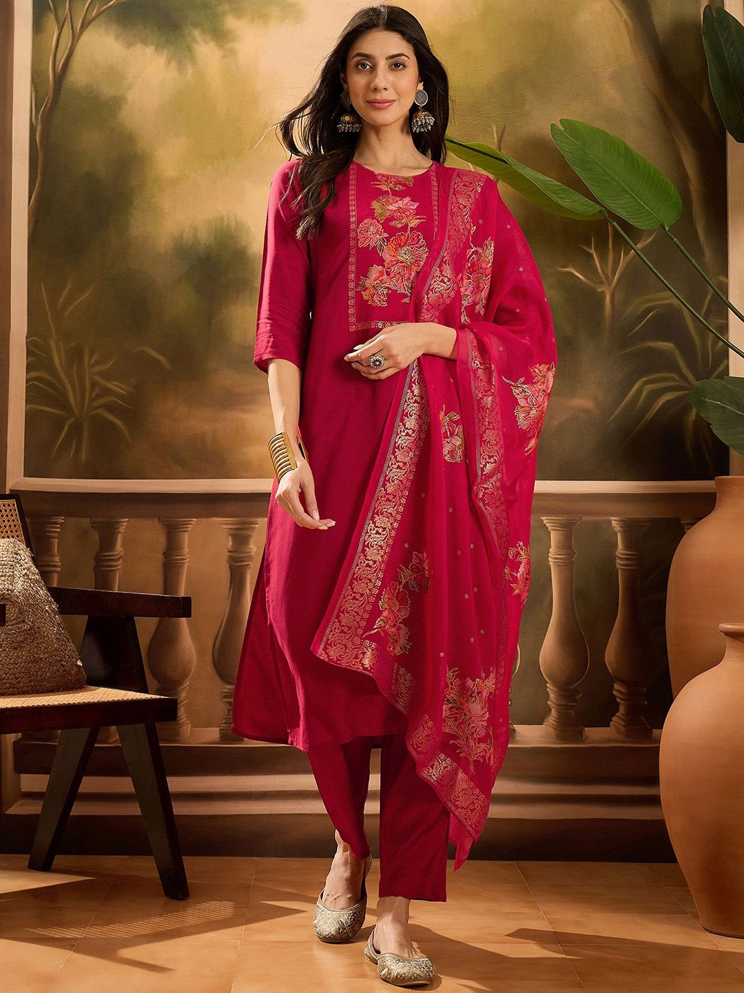 Sangria Floral Printed Round Neck Kurta With Trousers & Dupatta Set-picture-25