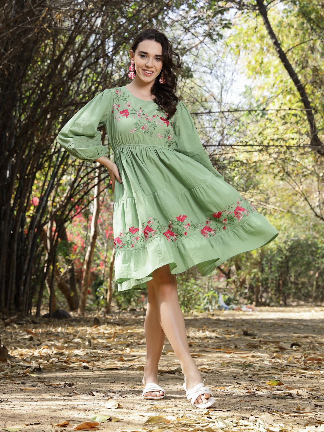 Stylum Women Floral Embroidered Tiered Bishop Sleeve Fit & Flare Dress-picture-38