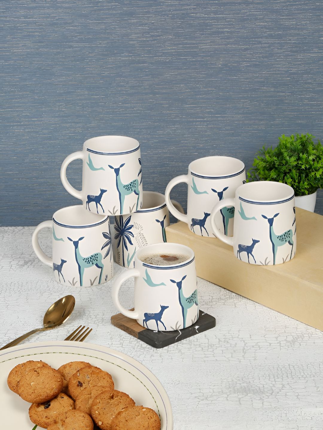 Myntra Elegant Homes White & Blue Handcrafted and Hand Painted Printed Ceramic Matte Mugs Set of Cups and Mugs-picture-20