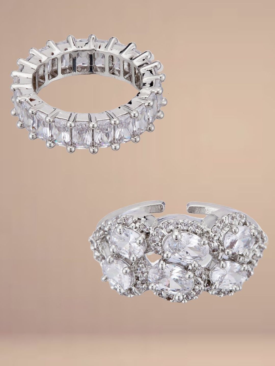 ATIBELLE Set Of 2 Silver-Plated Cubic Zirconia-Studded Adjustable Finger Ring