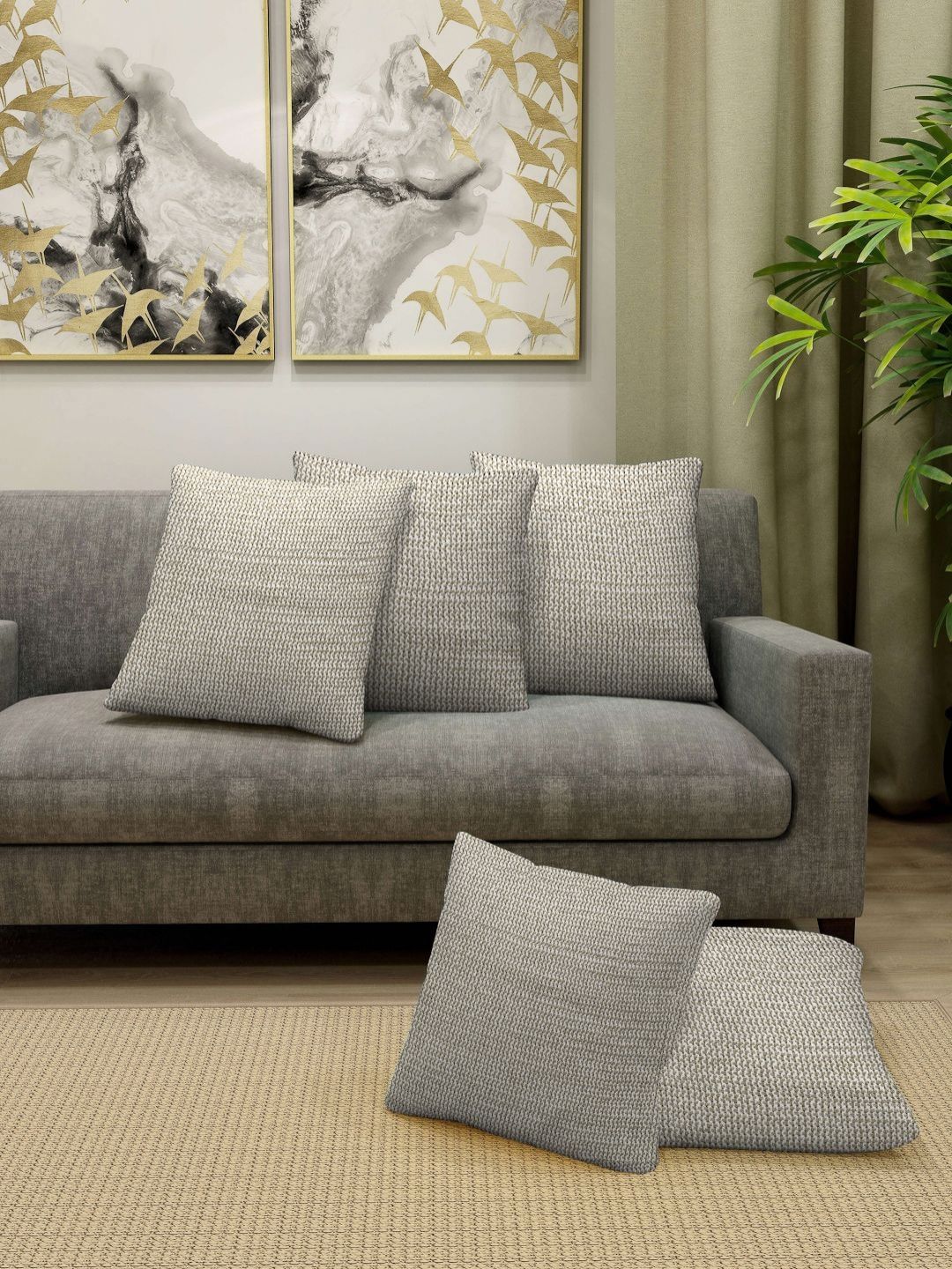 Myntra Elegant Homes Beige & White Set of 5 Square Cushion Covers-image-26
