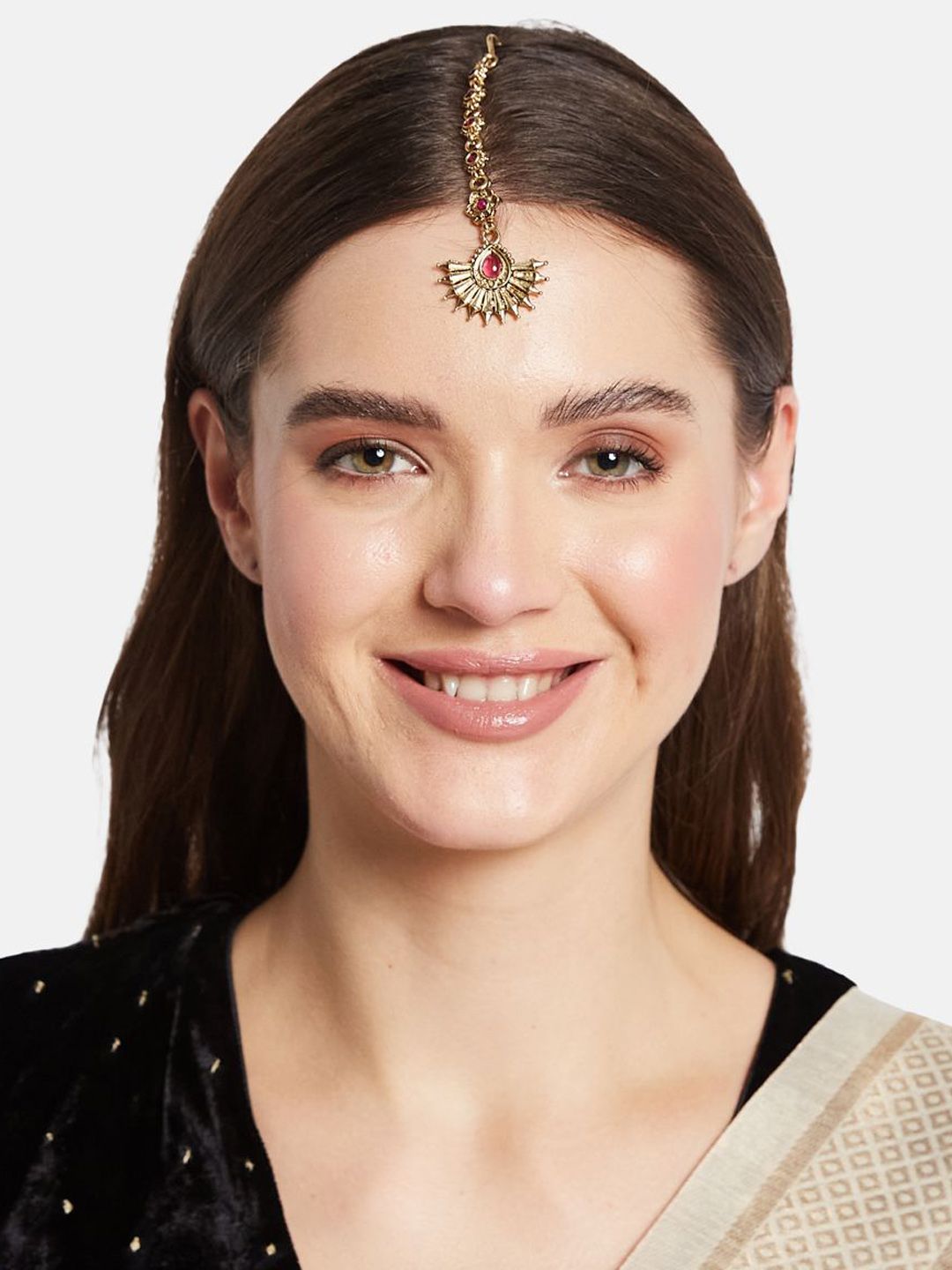 ATIBELLE Gold-Plated Artificial Stones and Beads Studded Maang Tikka Head Jewellery