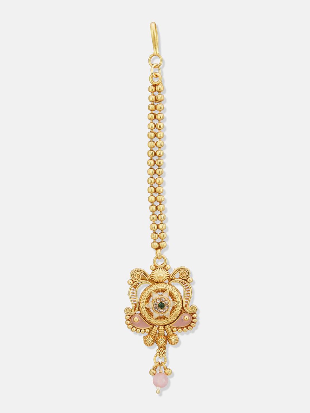 ATIBELLE Gold-Plated Artificial Stones and Beads Studded Maang Tikka Head Jewellery