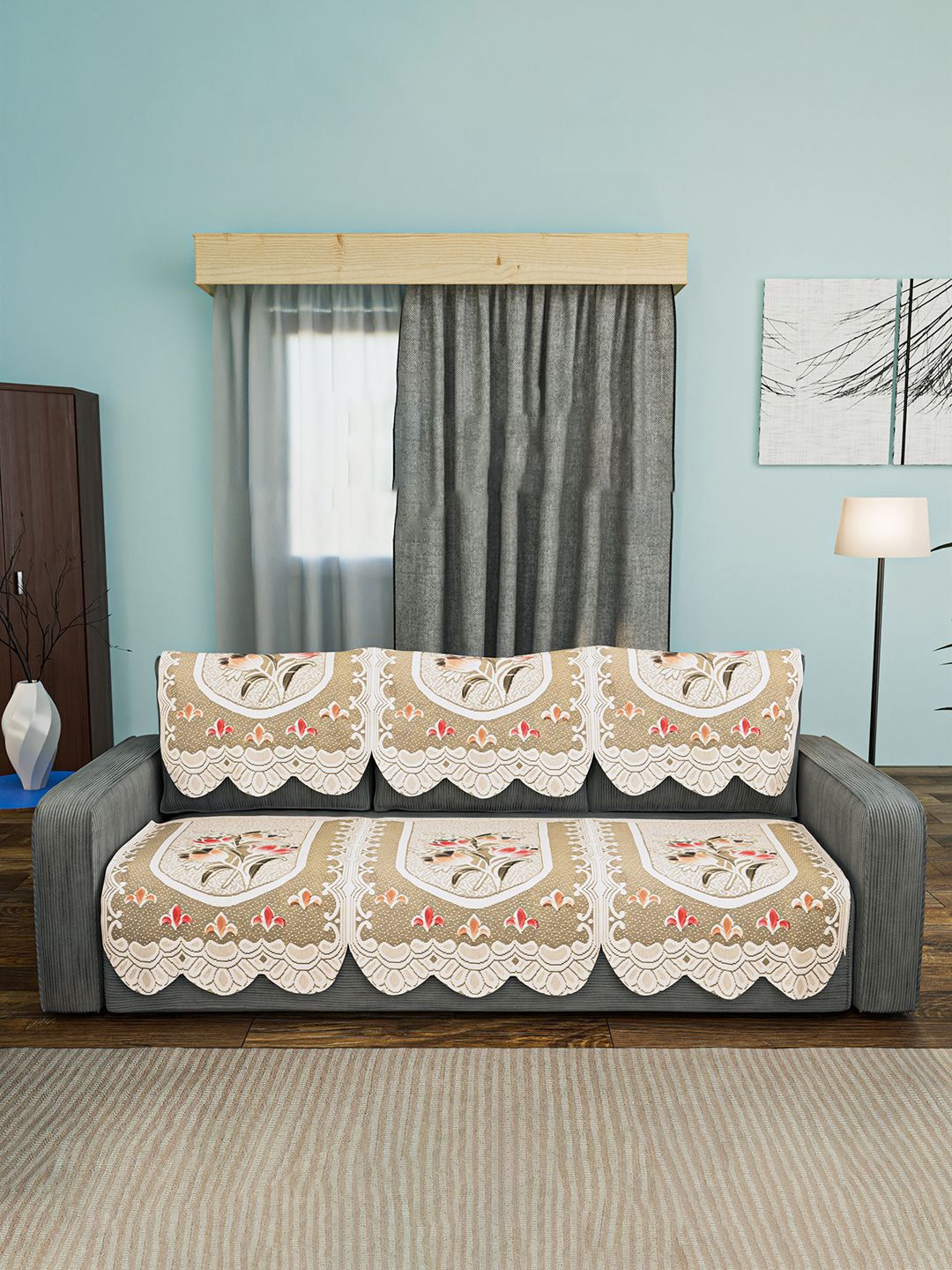 Kuber Industries Cream-Coloured & Green Printed Cotton Sofa Cover