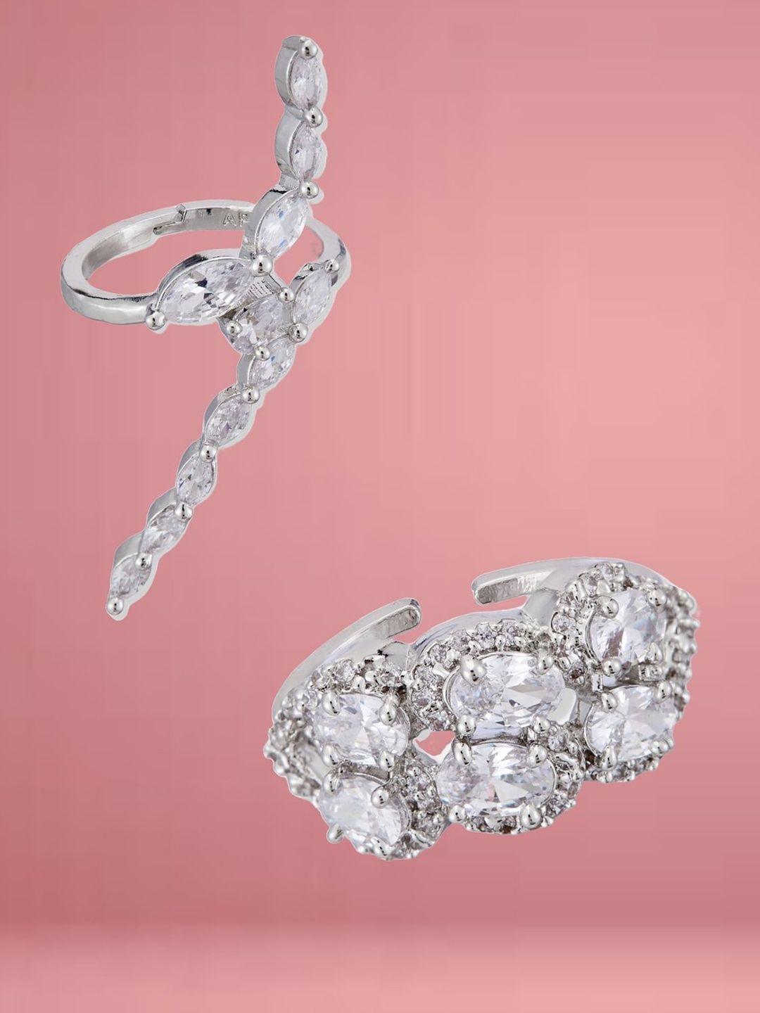 ATIBELLE Set Of 2 Silver-Plated Cubic Zirconia-Studded Adjustable Finger Ring