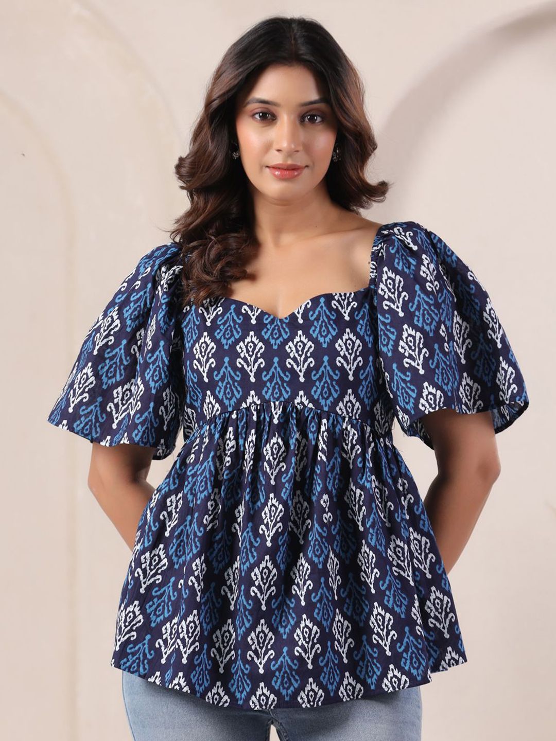 Zenava by Myntra Women Ikat Printed Sweetheart Neck Flared Sleeve Cotton Empire Top-image-15
