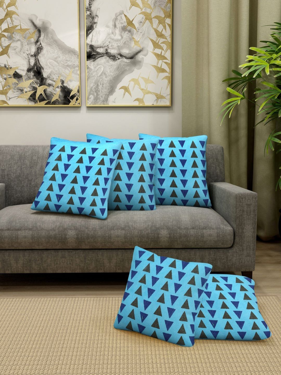 Myntra Elegant Homes Blue & Brown Set of 5 Geometric Square Cushion Covers-image-25