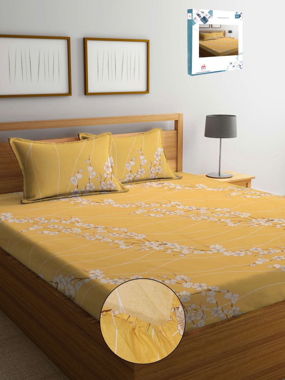 Myntra Elegant Homes Yellow & White Floral 400 TC King Bedsheet with 2 Pillow Covers-image-19