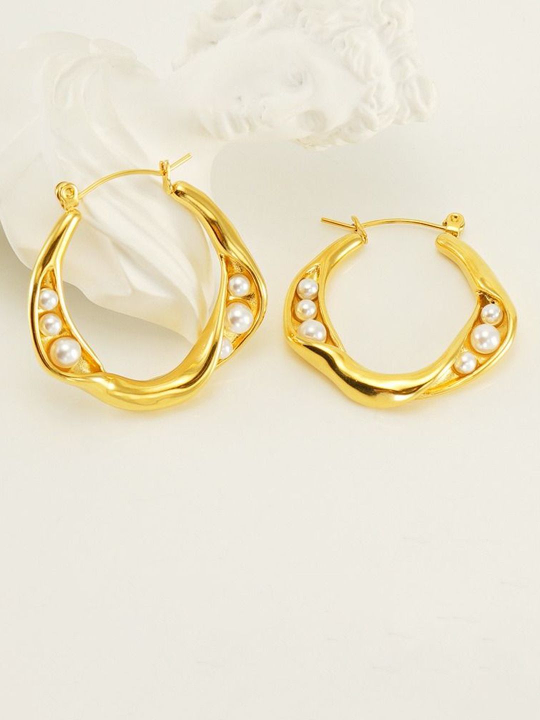 VIEN Stainless Steel Gold-Plated Pearls Beaded Contemporary Hoop Earrings-picture-33