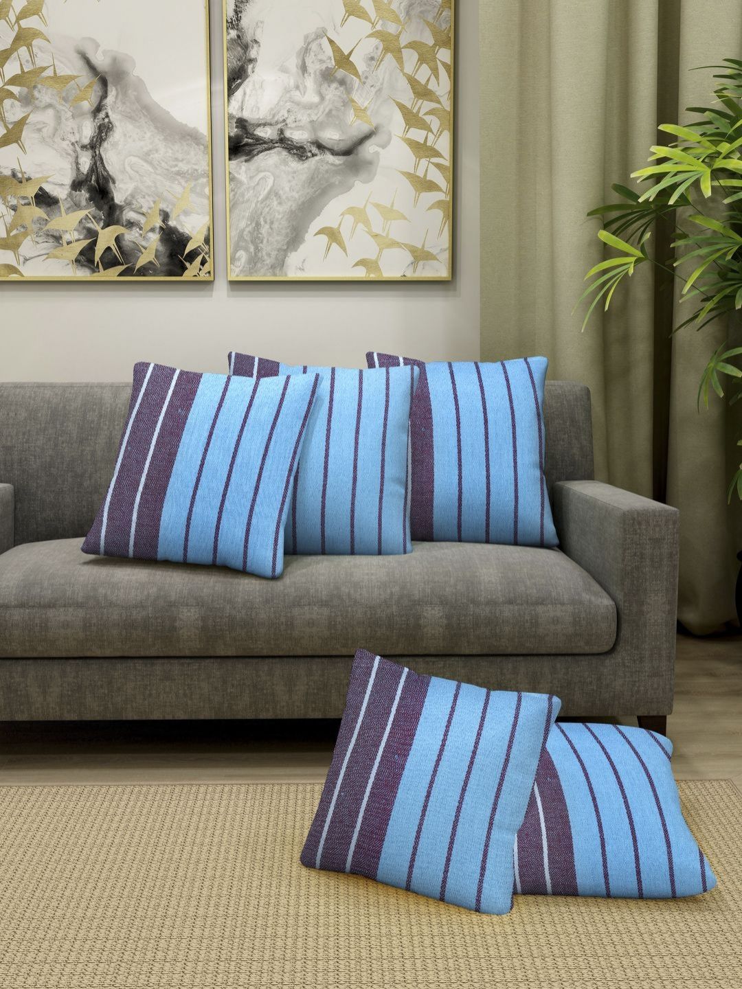 Myntra Elegant Homes Turquoise Blue & Maroon Set of 5 Striped Square Cushion Covers-picture-13