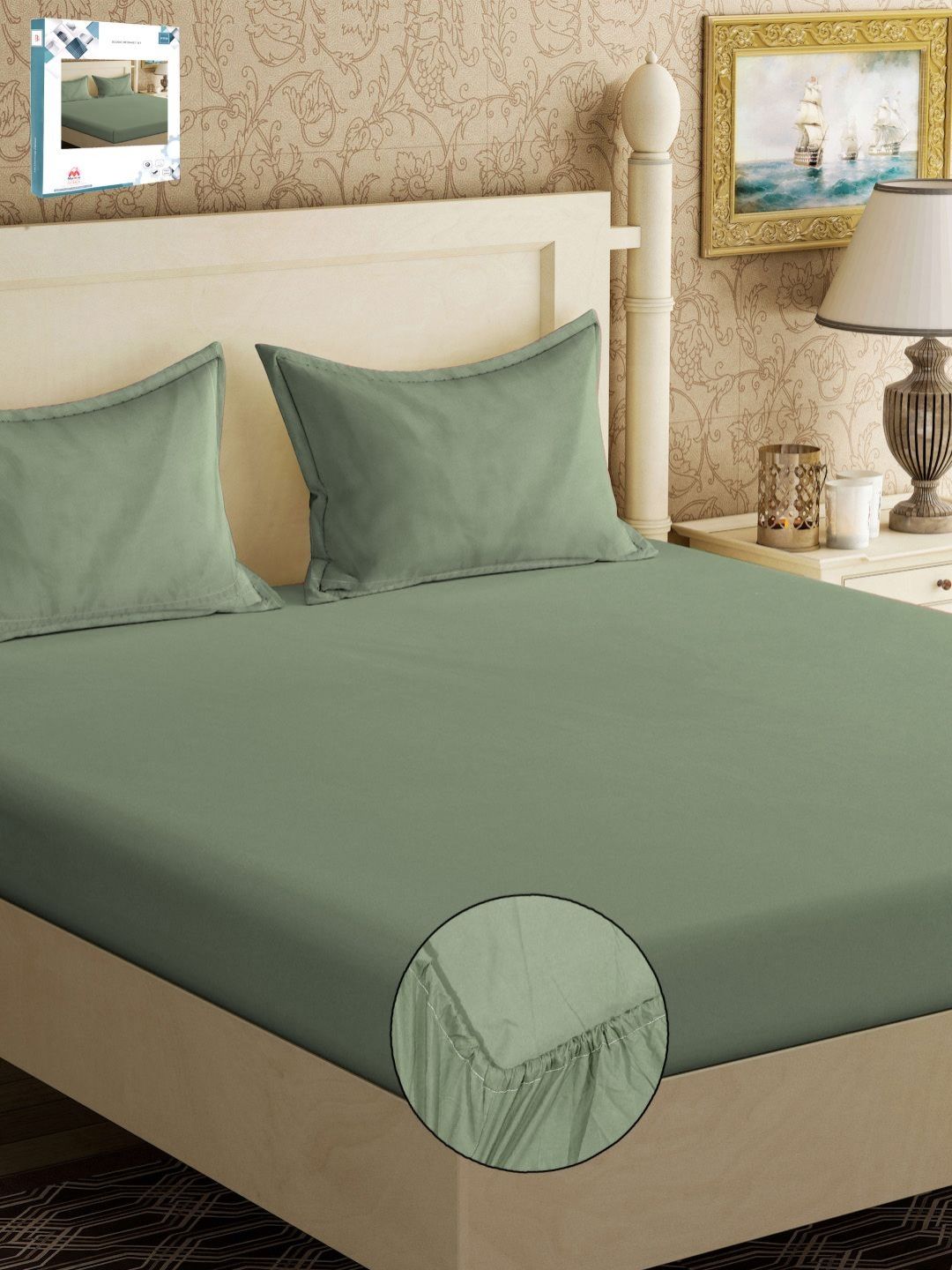 Myntra Elegant Homes Green 300 TC King Bedsheet with 2 Pillow Covers-image-49