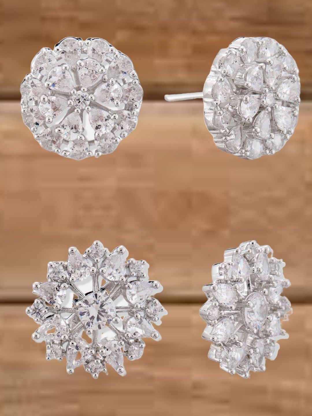 ATIBELLE Set Of 2 Silver-Plated Cubic Zirconia Studded Floral Shaped Studs