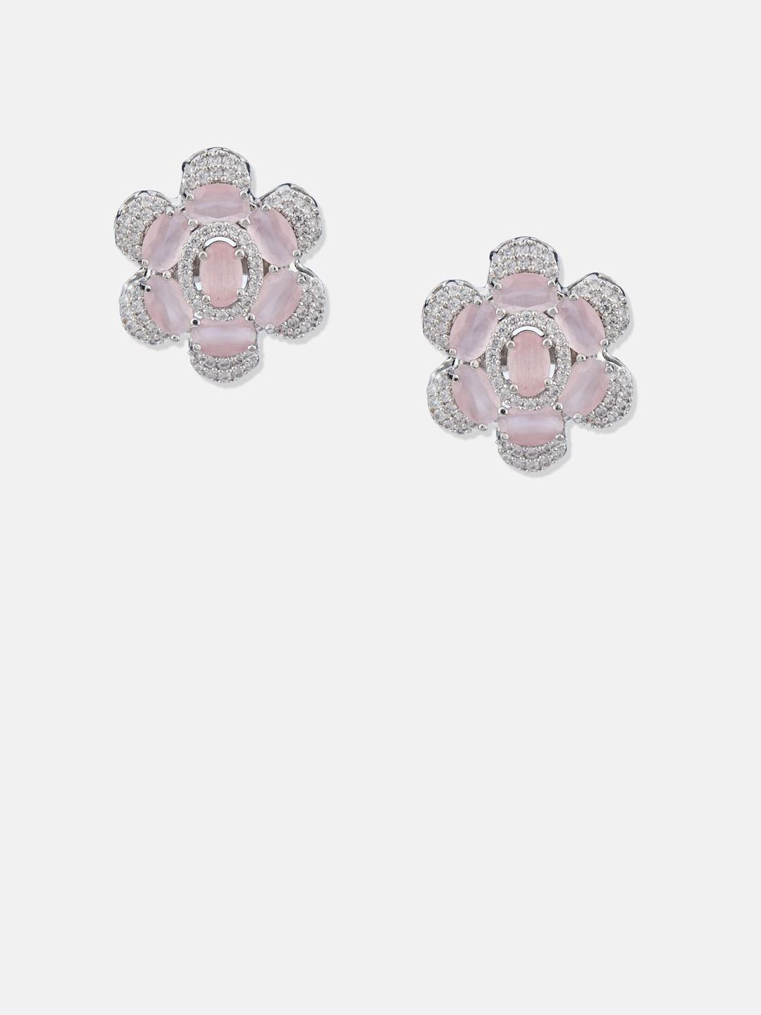 ATIBELLE Set Of 2 Silver-Plated Cubic Zirconia Studded Floral Shaped Studs