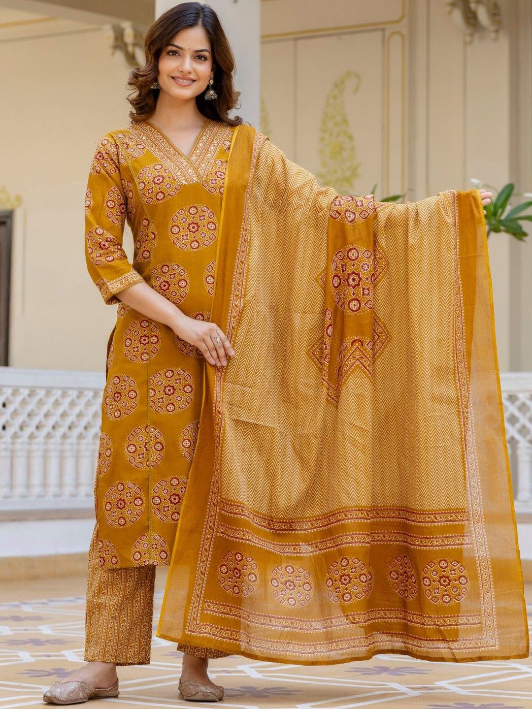 Anouk Floral Printed V-Neck Mirror Work Pure Cotton Kurta with Palazzos & Dupatta-picture-47