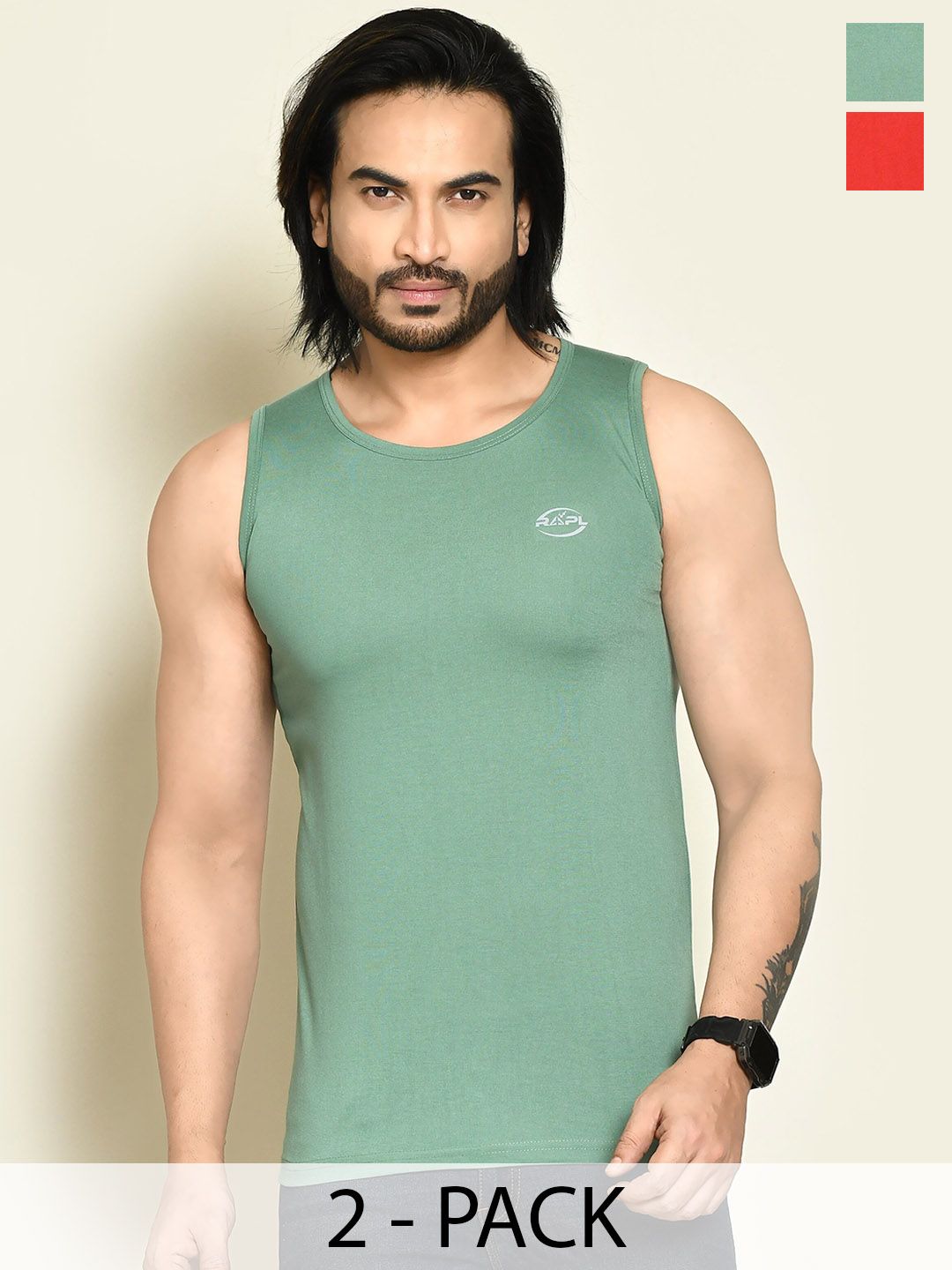 RAPL Pack Of 2 Round Neck Innerwear Vests M_SDP2_Rd-Olv_S-image-47
