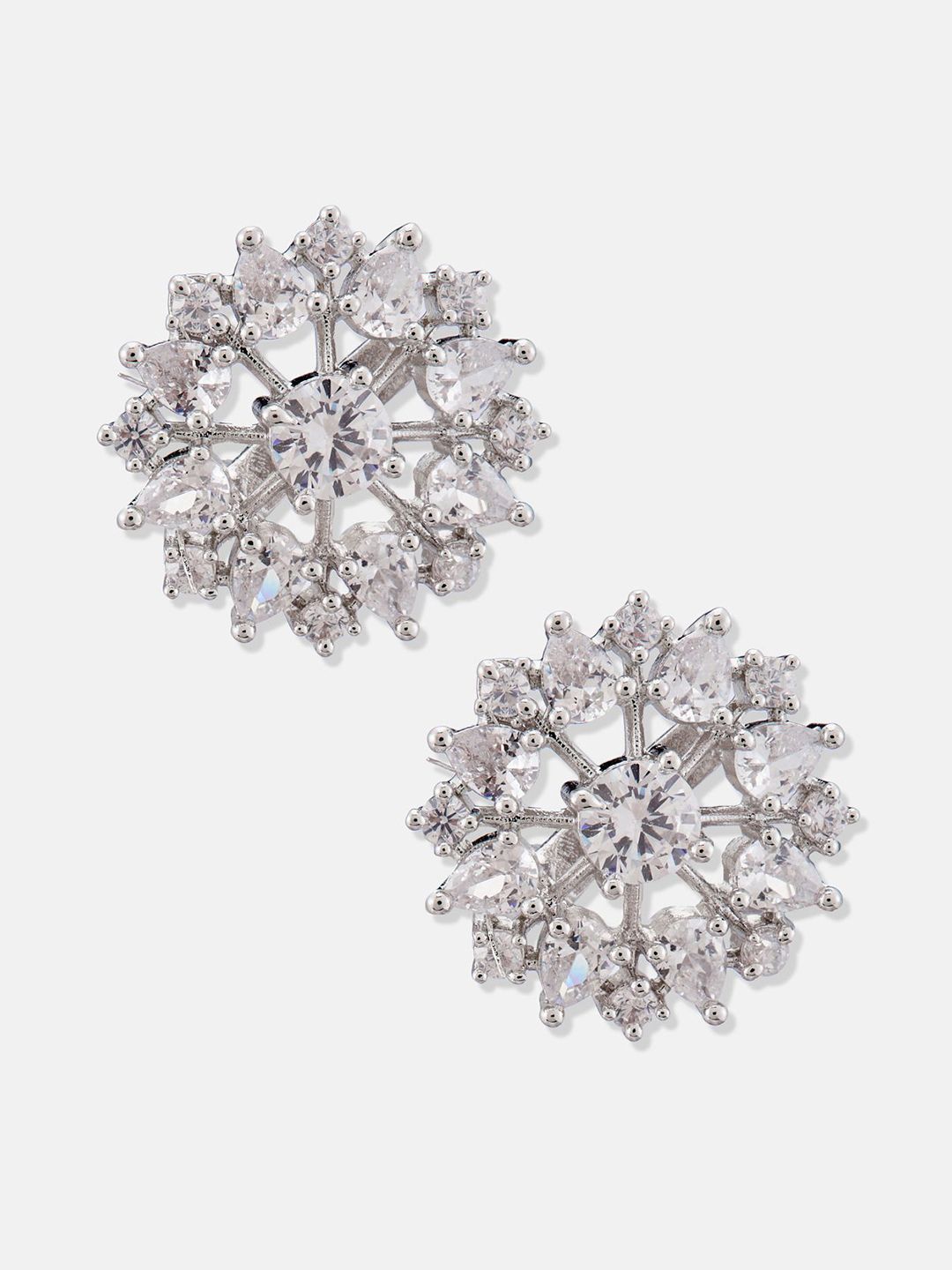 ATIBELLE Set Of 2 Silver-Plated Cubic Zirconia Studded Floral Shaped Studs