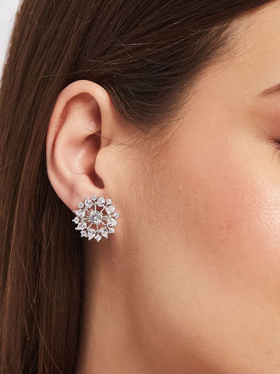 ATIBELLE Set Of 2 Silver-Plated Cubic Zirconia Studded Floral Shaped Studs
