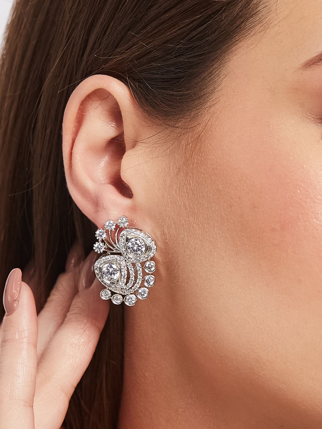 ATIBELLE Set Of 2 Silver-Plated Cubic Zirconia Studded Floral Shaped Studs