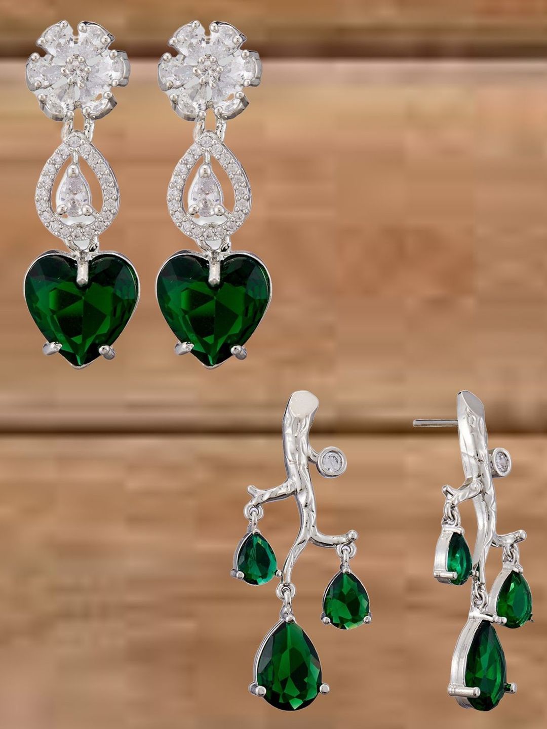 ATIBELLE Set Of 2 Silver-Plated Cubic Zirconia Studded Heart Shaped Drop Earrings