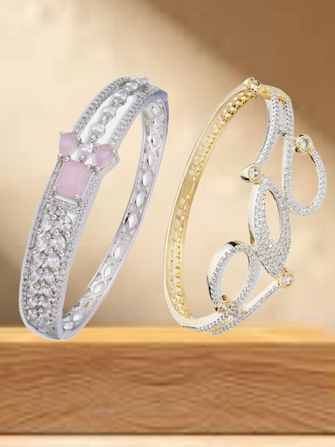 ATIBELLE Women 2 Brass Cubic Zirconia Silver-Plated Kada Bracelet