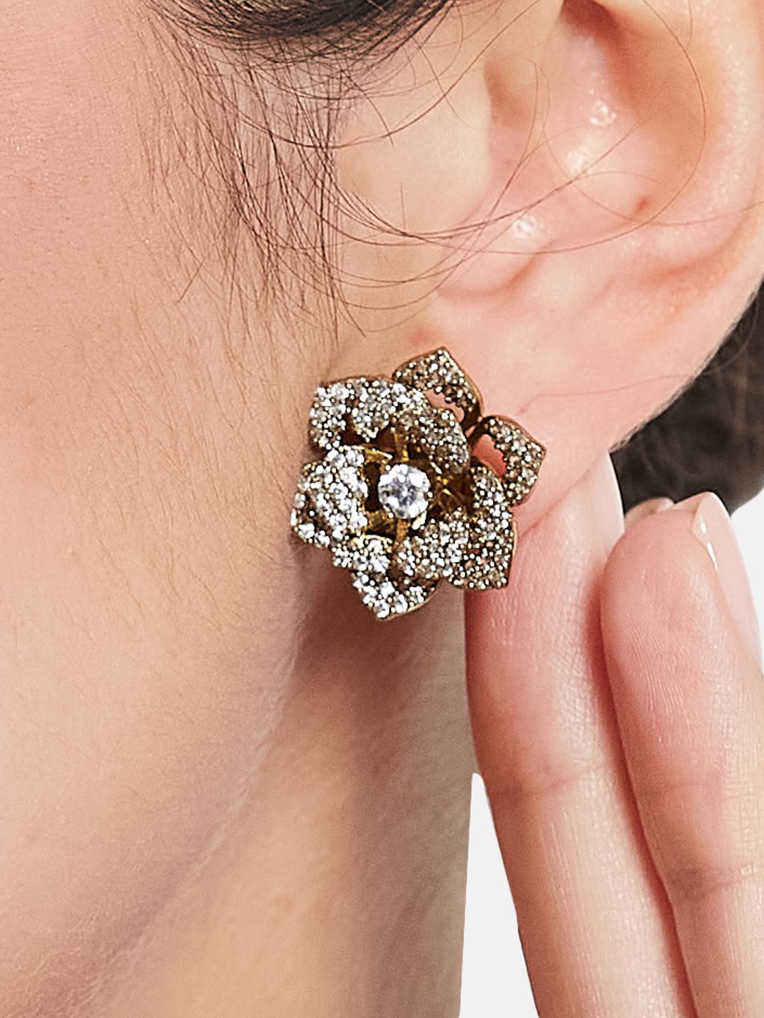 ATIBELLE Set Of 2 Gold-Plated Cubic Zirconia Studded Floral Shaped Studs