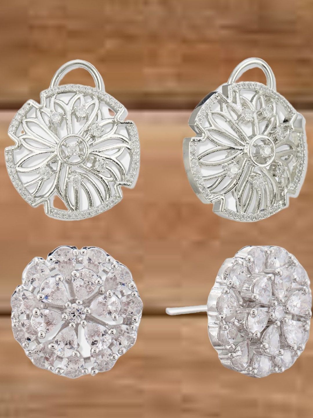 ATIBELLE Set Of 2 Silver-Plated Cubic Zirconia Studded Floral Shaped Studs