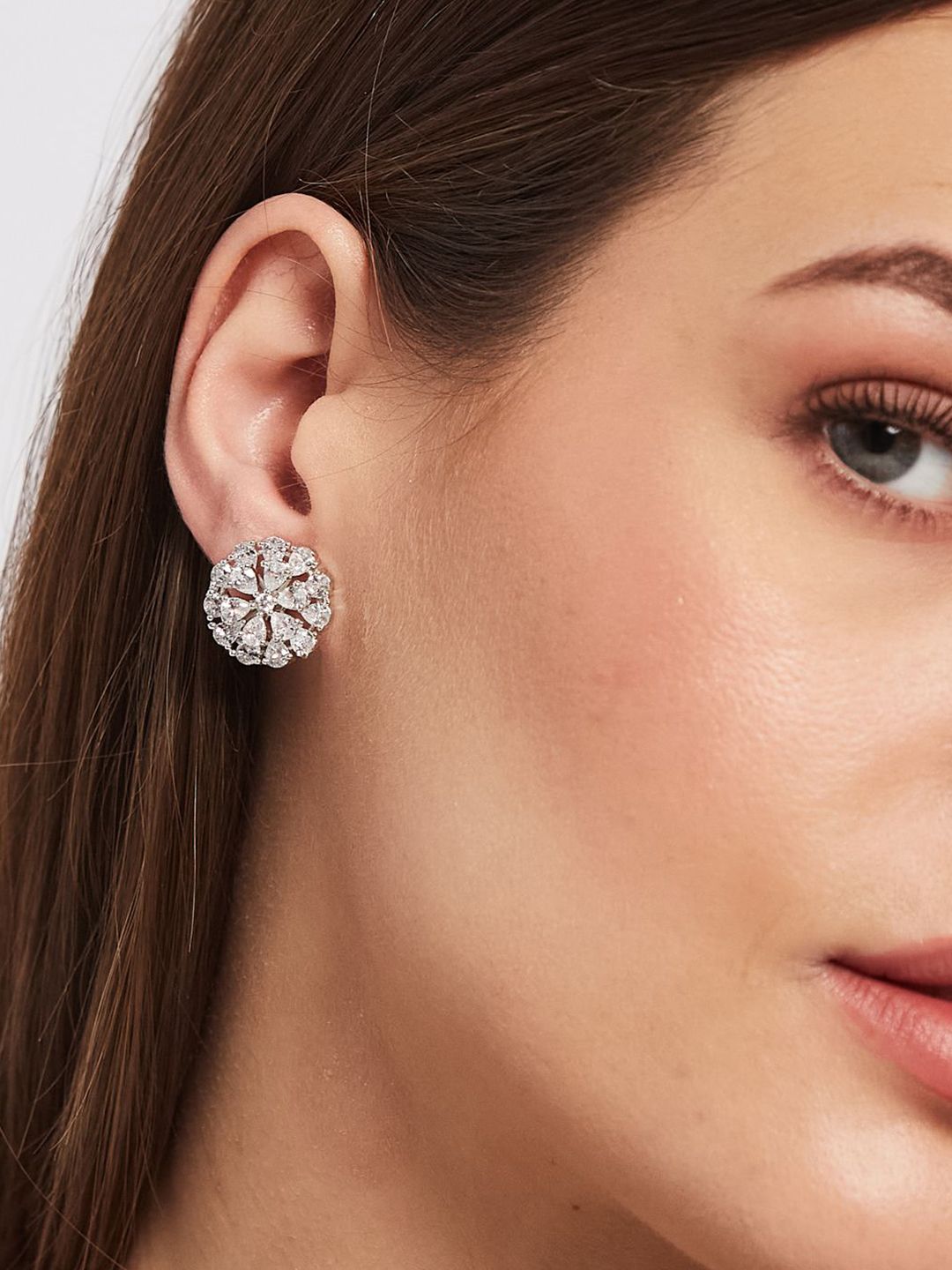 ATIBELLE Set Of 2 Silver-Plated Cubic Zirconia Studded Floral Shaped Studs