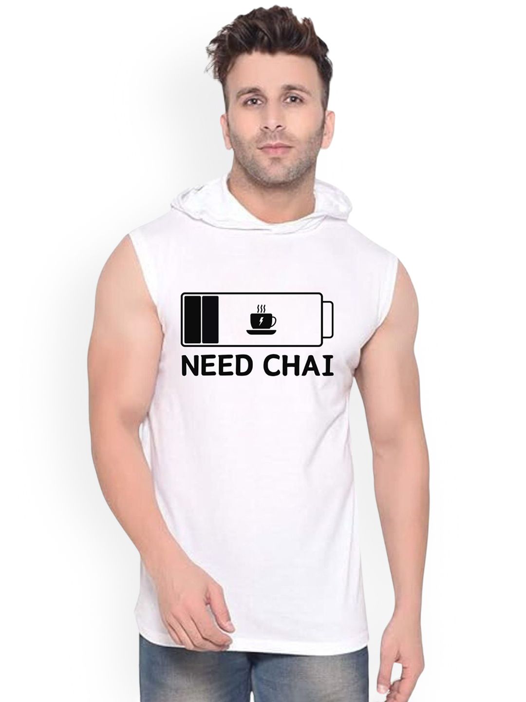 Fashnobic Need Chai Printed Hooded Gym Vest -K_Back_Print-182_gym_vest White M-picture-27