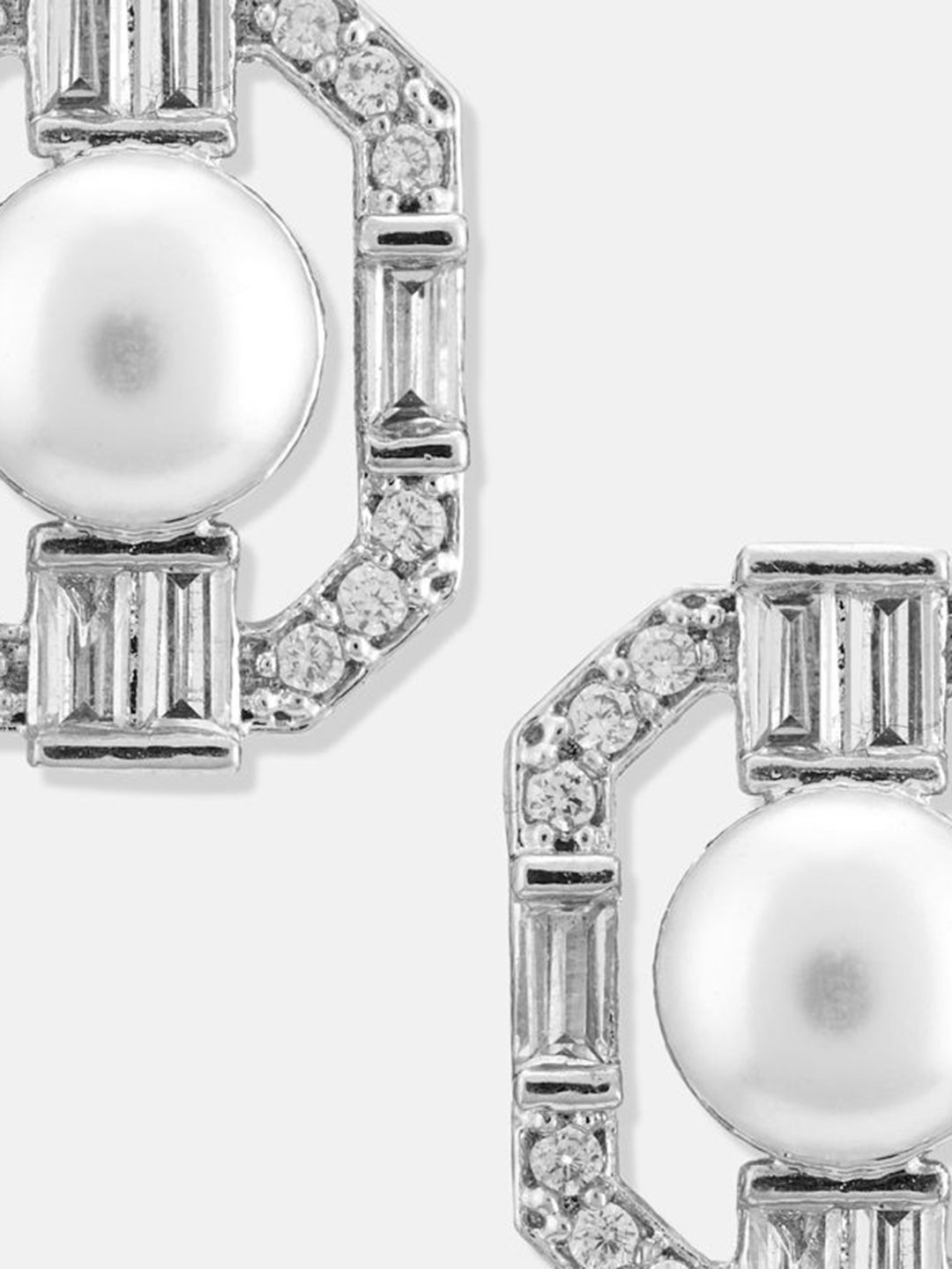 ATIBELLE Set Of 2 Silver-Plated Cubic Zirconia Studded & Pearls Beaded Geometric Studs