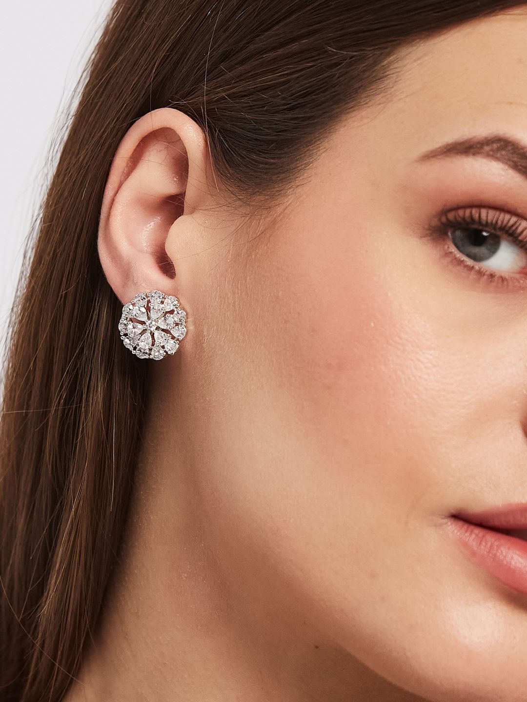 ATIBELLE Set Of 2 Silver-Plated Cubic Zirconia Studded & Pearls Beaded Floral Shaped Studs