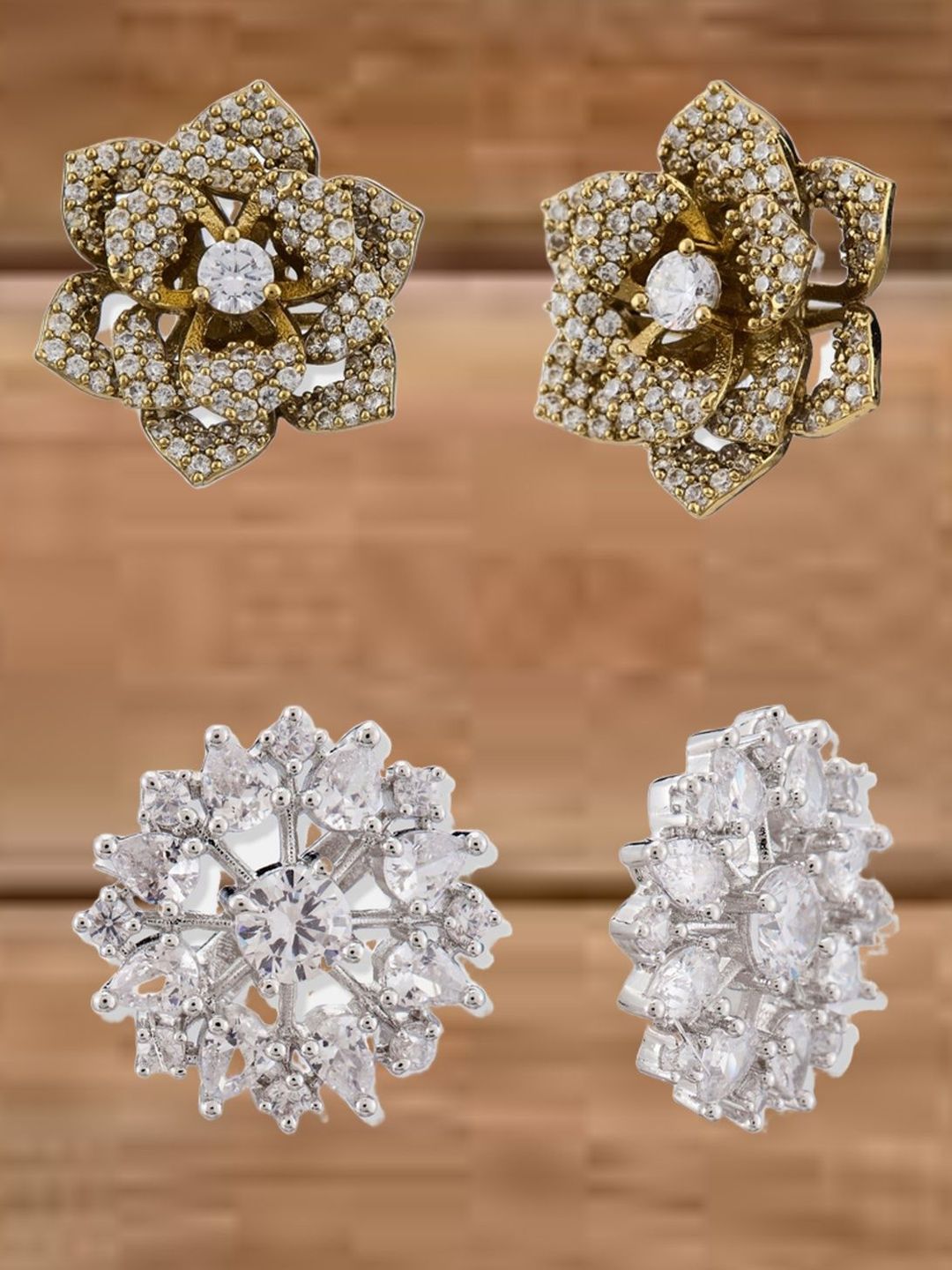 ATIBELLE Set Of 2 Gold-Plated Cubic Zirconia Studded Floral Shaped Studs