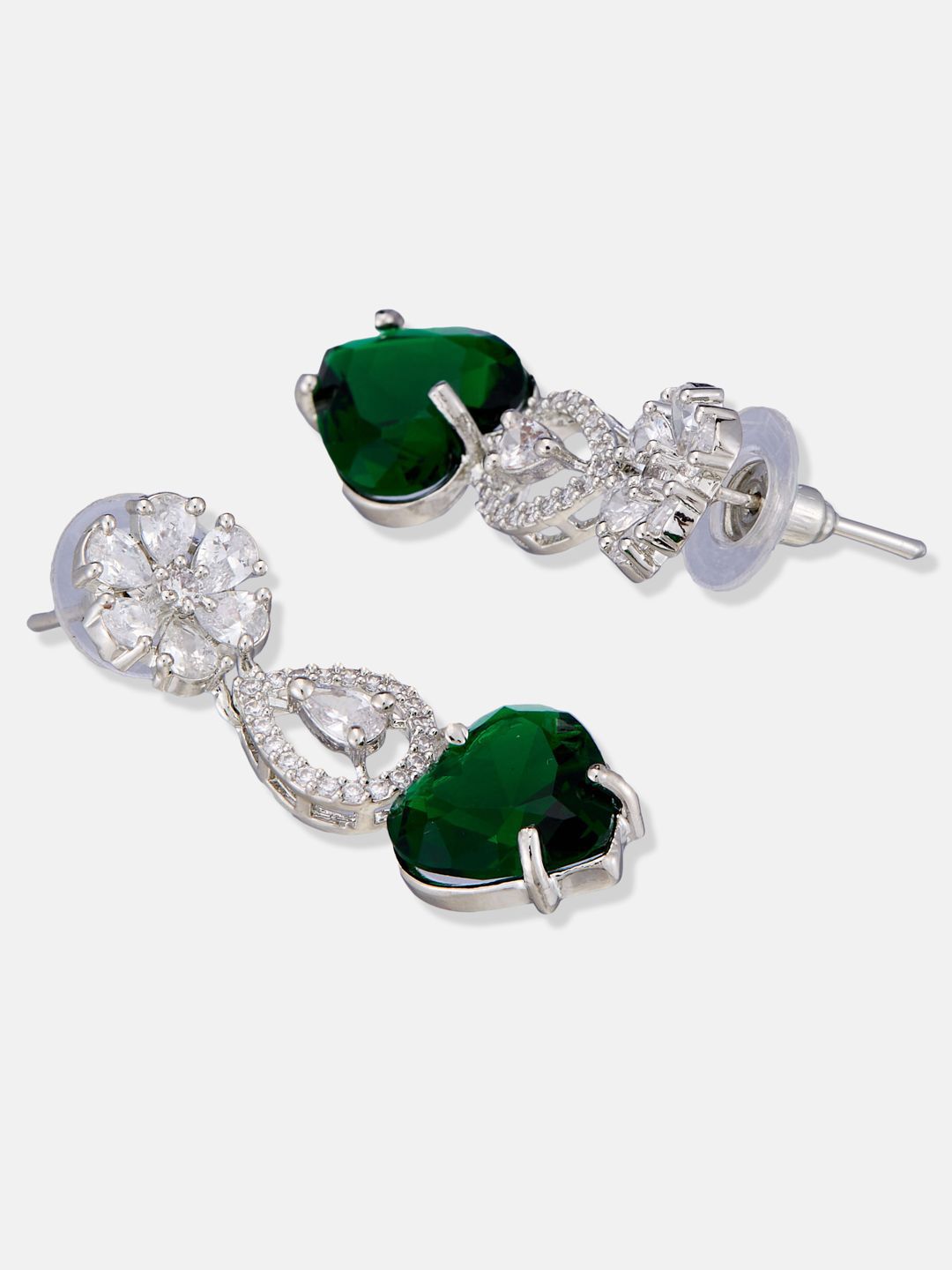 ATIBELLE Set Of 2 Silver-Plated Cubic Zirconia Studded Heart Shaped Drop Earrings