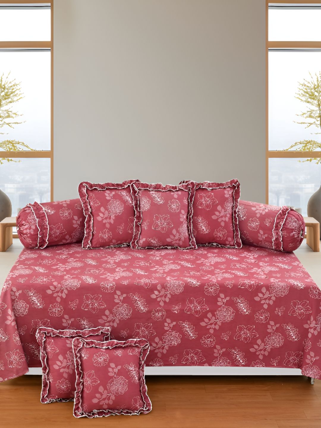 Luxmi Cotton Fabrics 8Pcs White & Maroon Floral Printed Diwan Set-picture-30