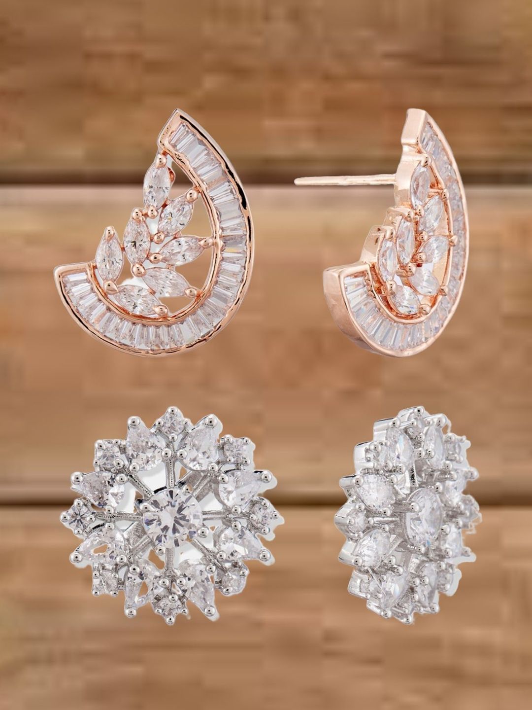 ATIBELLE Set Of 2 Rose Gold-Plated Cubic Zirconia Studded Crescent Shaped Studs